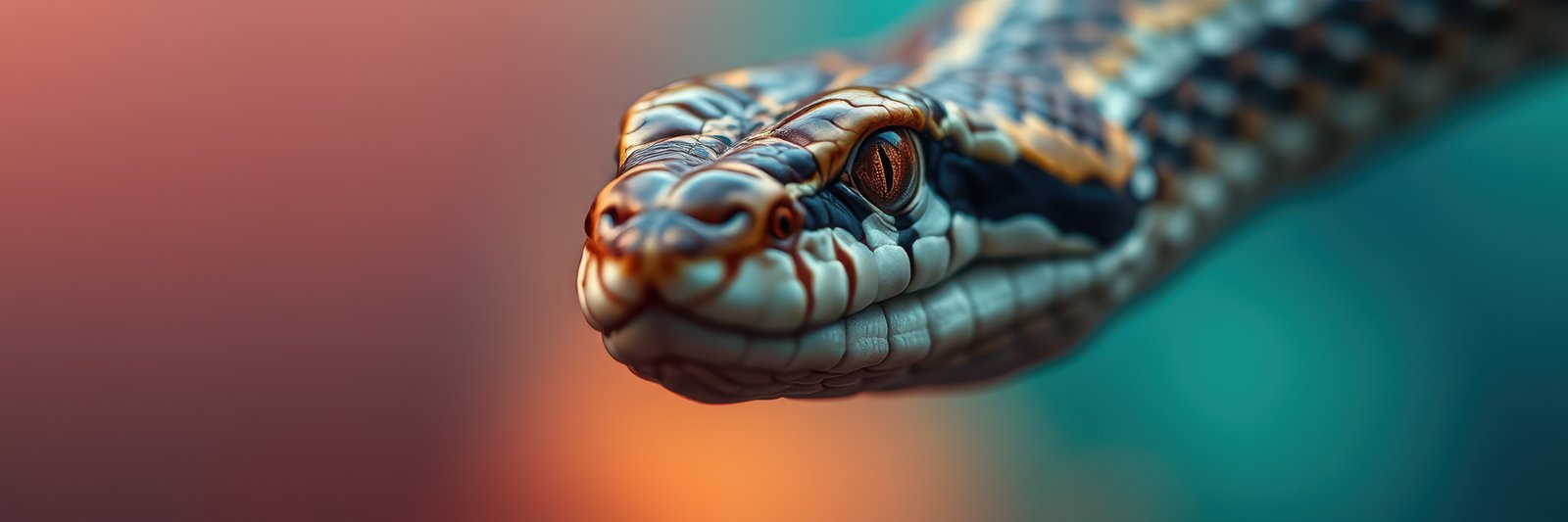 Colorful close-up of a snake's head displaying intricate patterns and textures during twilight hours